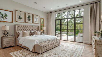 A modern bedroom featuring a tufted bed, large windows, and elegant decor.
