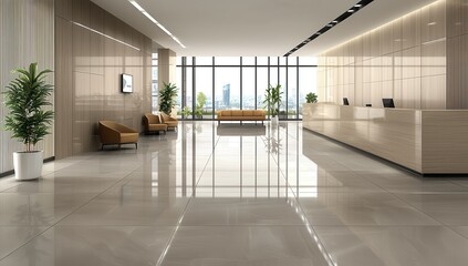 Fototapeta premium A spacious office lobby with soft beige wood paneling and polished grey tile flooring