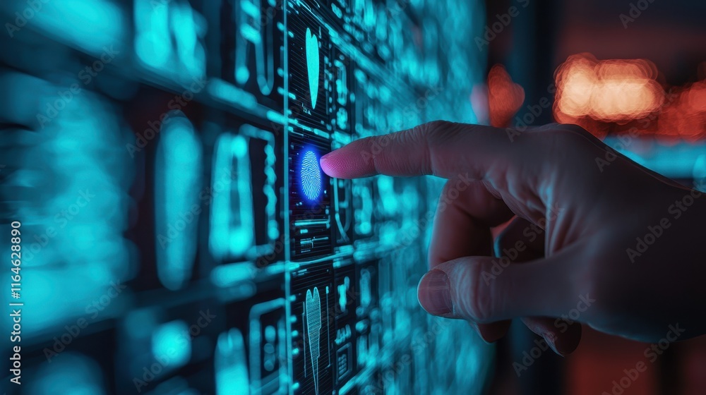 Aufkleber a hand touches a glowing screen filled with digital icons and data, showcasing interaction with tech