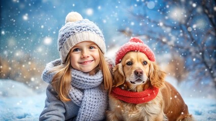 Obraz premium Happy Girl with a Cute cocker spaniel Dog in Winter Clothing Against a Snowy Winter Landscape, Creating a Joyful and Cozy Atmosphere of Winter Fun and Togetherness