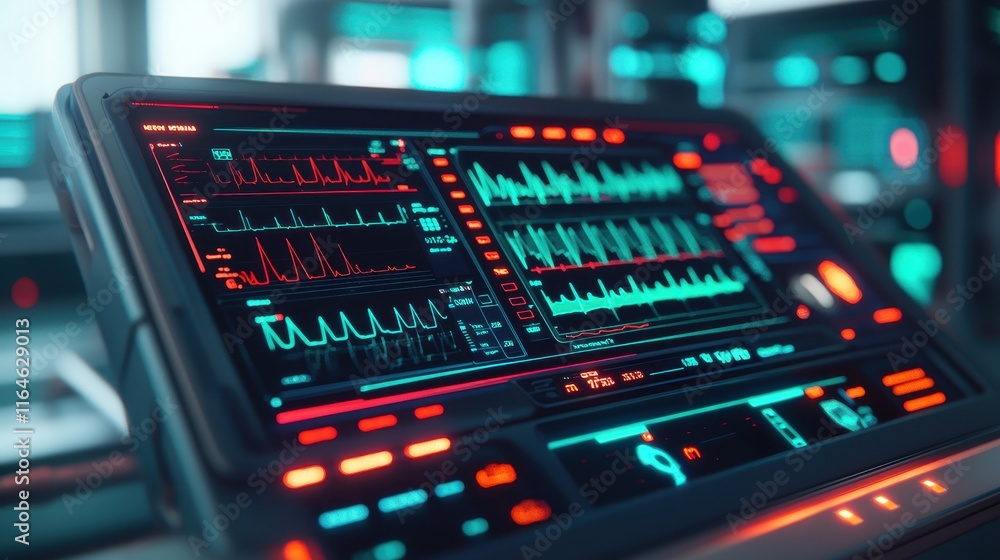 Poster a futuristic control panel with vibrant lights and graphs, showcasing advanced technology and data v
