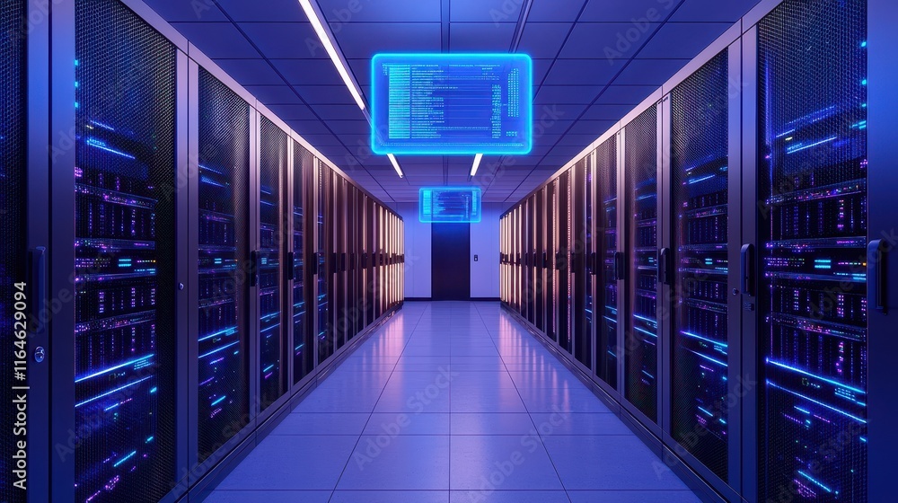 Aufkleber a modern data center with rows of servers illuminated by blue lights, showcasing advanced technology