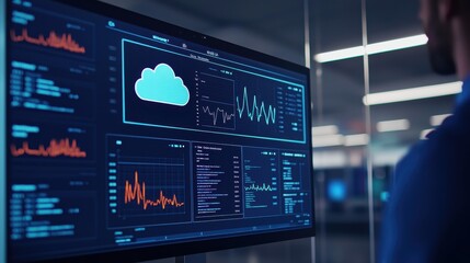A person views a data analytics dashboard on a screen, featuring cloud icons and various graphical statistics in a modern tech environment.