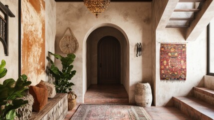 Rustic hallway with arched doorway, terracotta floor, plants, and tapestries.