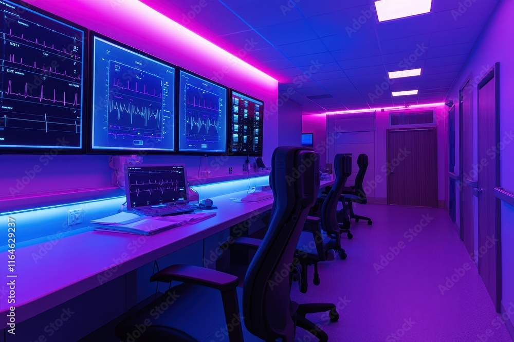 Poster a modern control room with multiple screens displaying data, illuminated by vibrant pink and blue le