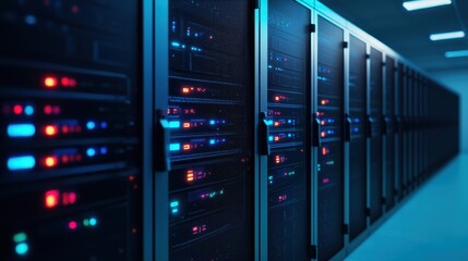 A dimly lit server room featuring rows of servers with vibrant LED indicators, showcasing a high-tech data center environment.