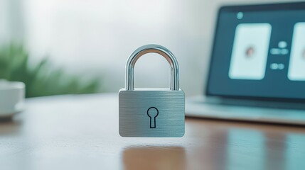 A close-up of a metallic padlock on a wooden table, with a blurred laptop in the background, symbolizing security and protection.