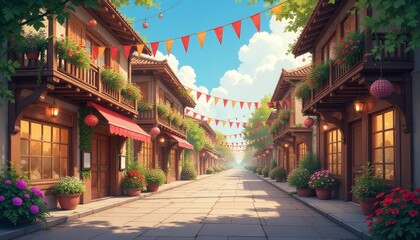 Vibrant street adorned with flowers and festive decorations in a sunny locale