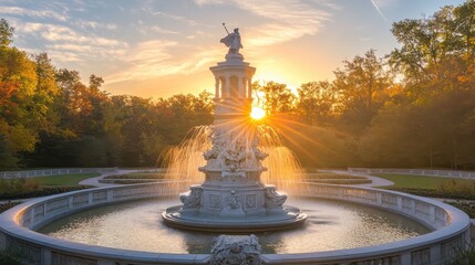 Fototapeta premium Twilight Memorial Fountain with Golden Hour Light