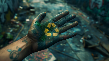 Dirty hand with recycling sign painted on it
