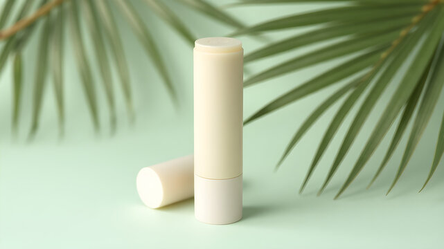 mockup of 1 semi-opaque plastic beige blank lip balm chapstick floating on a light green background with one palm leaf, lots of detail, lumen render, 8k, photorealism