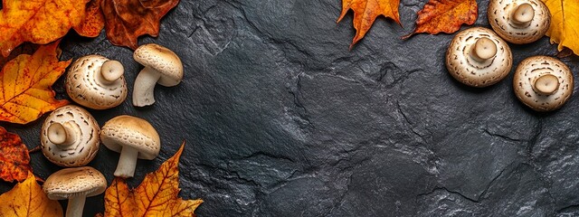 Artistic Mushrooms and Autumn Leaves on Textured Rustic Slate