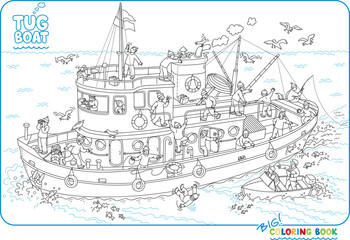 Funny tugboat coloring book. Wimmelbuch