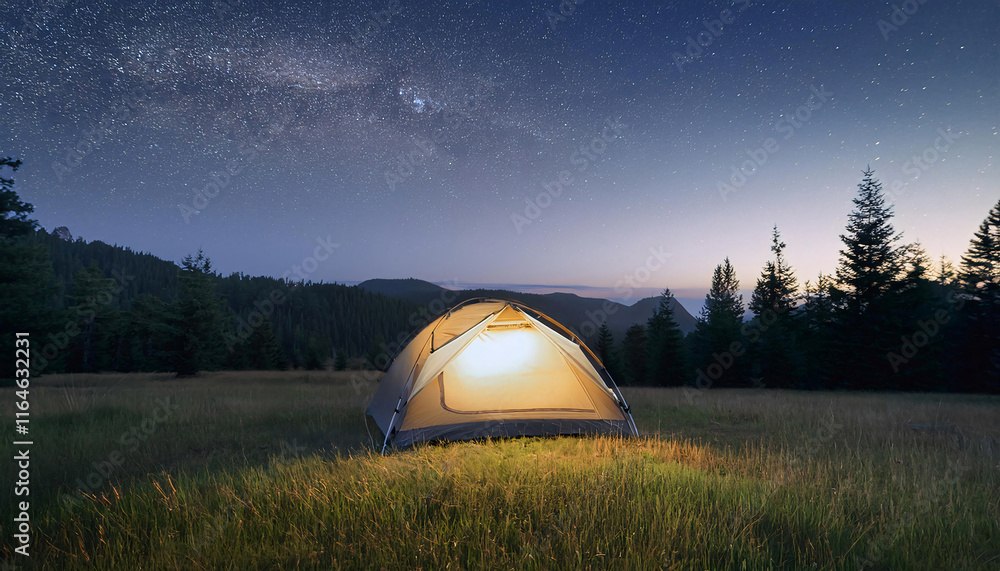 Wall mural camping tent at the bottom of the image in front of a green forest at dusk at the top of the image, 
