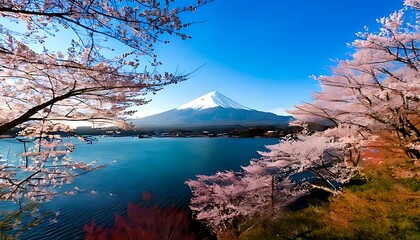 Obraz premium The wonderful Mount Fuji stands majestically over a serene lake, surrounded by vibrant cherr