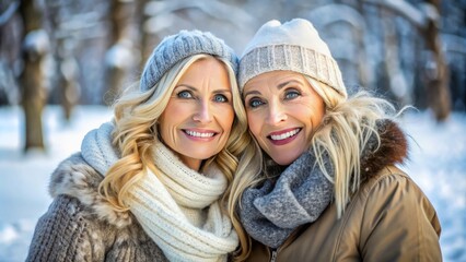 Happy Young Women Couple in Winter Clothing Enjoying a Snowy Winter Landscape, Capturing the Joyful Atmosphere of a Winter Getaway