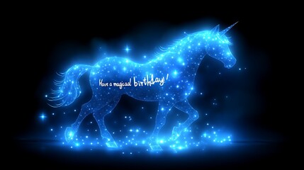 Glowing blue unicorn birthday card.