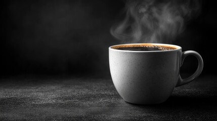 Steaming cup of black coffee on dark background.