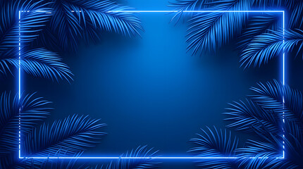 Blue neon frame surrounded by palm branches. Glowing neon outline. Tropical evening in jungle and summer style. Exotic design for postcard, banner, poster or flyer.