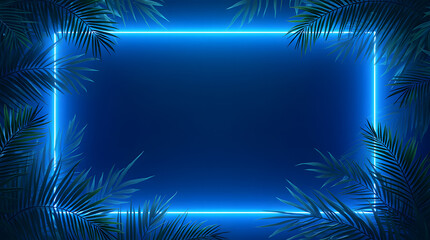 Blue neon frame surrounded by palm branches. Glowing neon outline. Tropical evening in jungle and summer style. Exotic design for postcard, banner, poster or flyer.