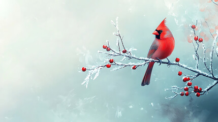 Red cardinal bird on a frosty branch with red berries in winter, ideal for Christmas web banners, holiday promotions, and copy space