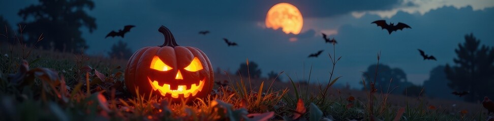 Glowing jack o lantern in the grass with vibrant orange hues against a dark sky with flying bats overhead, orange sky, dark landscape, nature scene