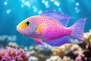 Obraz premium Iridescent fish swimming gracefully through a vibrant coral reef illuminated by purple, blue, and cyan underwater lighting in a tropical ocean
