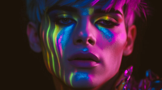 Young transgender guy with multicoloured makeup on face in a dark nightclub. Handsome guy studio shoot. Stylish trans person. LGBT community people.