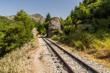 Narrow gauge Odontotos railway in Vouraikos Gorge on Peloponnese peninsula, Greece.