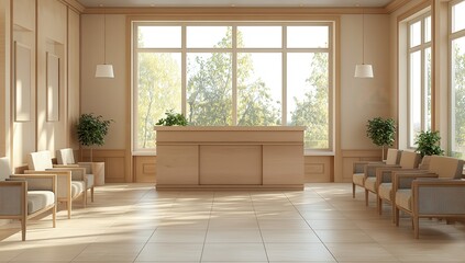 A stylish waiting room with light wood furnishings and neutral beige tones