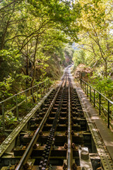 Narrow gauge cogwheel Odontotos railway in Vouraikos Gorge on Peloponnese peninsula, Greece.