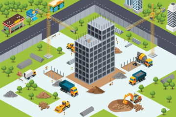 Isometric Building  Construction Site Vector Illustration