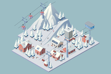 Isometric Skiing Winter Resort Vector Illustration