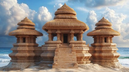 Coastal temple, thatched roofs, stone architecture, sandy beach, ocean waves, cloudy sky.