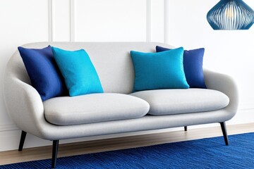 Chic lounge area featuring modern decor with gray sofa, turquoise cushions, and navy blue rug for a stylish ambiance perfect for relaxation