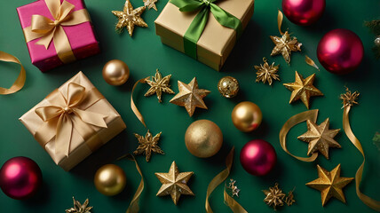 Beautifully wrapped New Year's gifts stacked together, featuring colorful paper, shimmering bows, and festive tags.