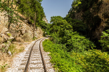 Narrow gauge Odontotos railway in Vouraikos Gorge on Peloponnese peninsula, Greece.