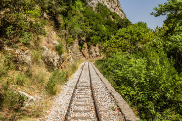 Narrow gauge Odontotos railway in Vouraikos Gorge on Peloponnese peninsula, Greece.