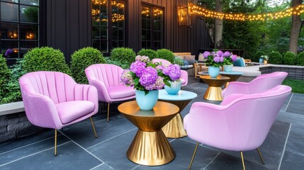 Obraz premium Modern outdoor patio design with pastel pink chairs and lavender tables under string lights in an inviting atmosphere