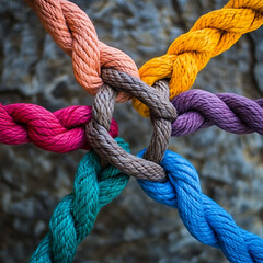 Strength and unity in a diverse team, connected by a rope, symbolizing communication, support, and collaborative efforts in achieving shared goals