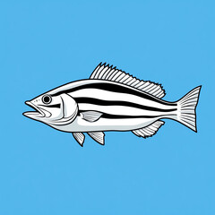 Fototapeta premium Striped fish bass illustration on a blue background.