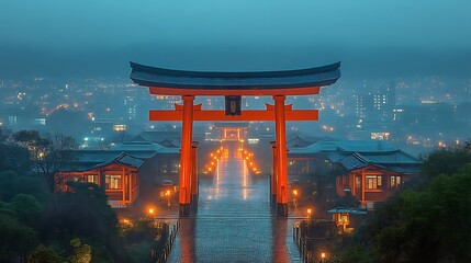 Illuminated Torii Gate at Night Over Cityscape
