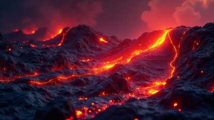 Lava flows illuminate the rugged landscape amid a vivid volcanic eruption at twilight