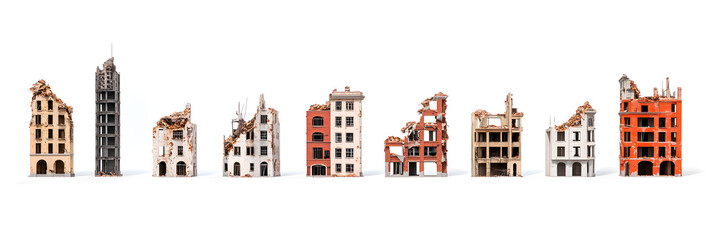 Fototapeta premium A set of destroyed post-apocalyptic houses in different stages isolated on a white background