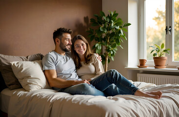 Obraz premium Young smiling couple in love sitting on large bed.