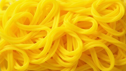 Freshly made pasta strands glistening in golden yellow hues on a wooden surface