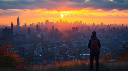 Fototapeta premium A person gazes at a vibrant sunset over a city skyline, capturing a moment of reflection.