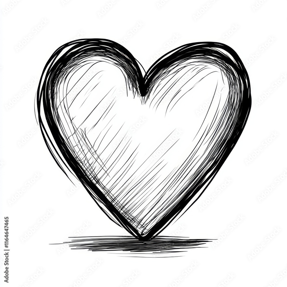 Poster sketch of a heart drawn in a simple style, emphasizing outlines and textures, highlighted with shado