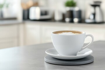 Coffee cup on a table with latte art in a modern kitchen setting during the morning