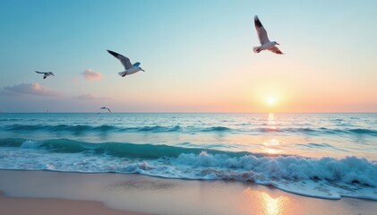 Fototapeta premium Seagulls flying above the calm and clear blue waters of a beach at dawn, peaceful, beach